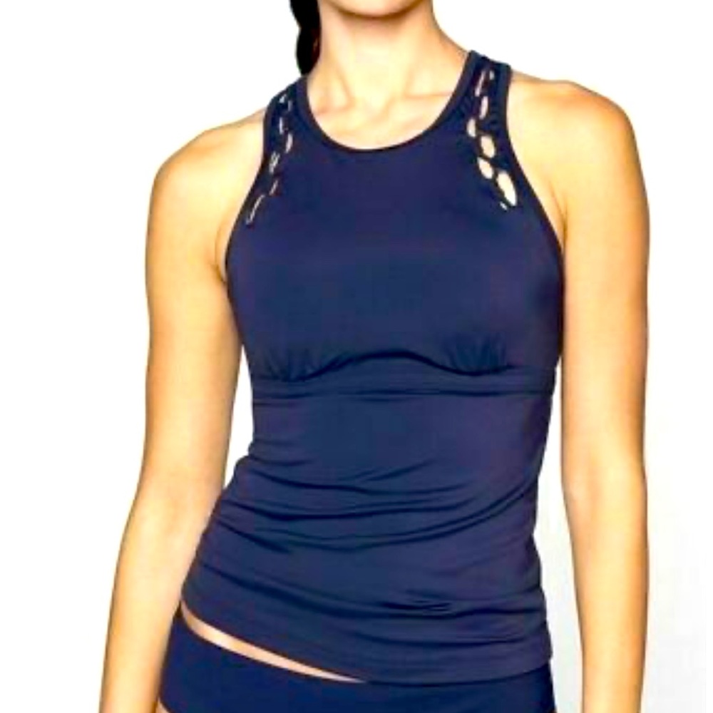 Athleta High Neck Bra Cup Loop Tankini Top Navy Blue Size 34 B/C